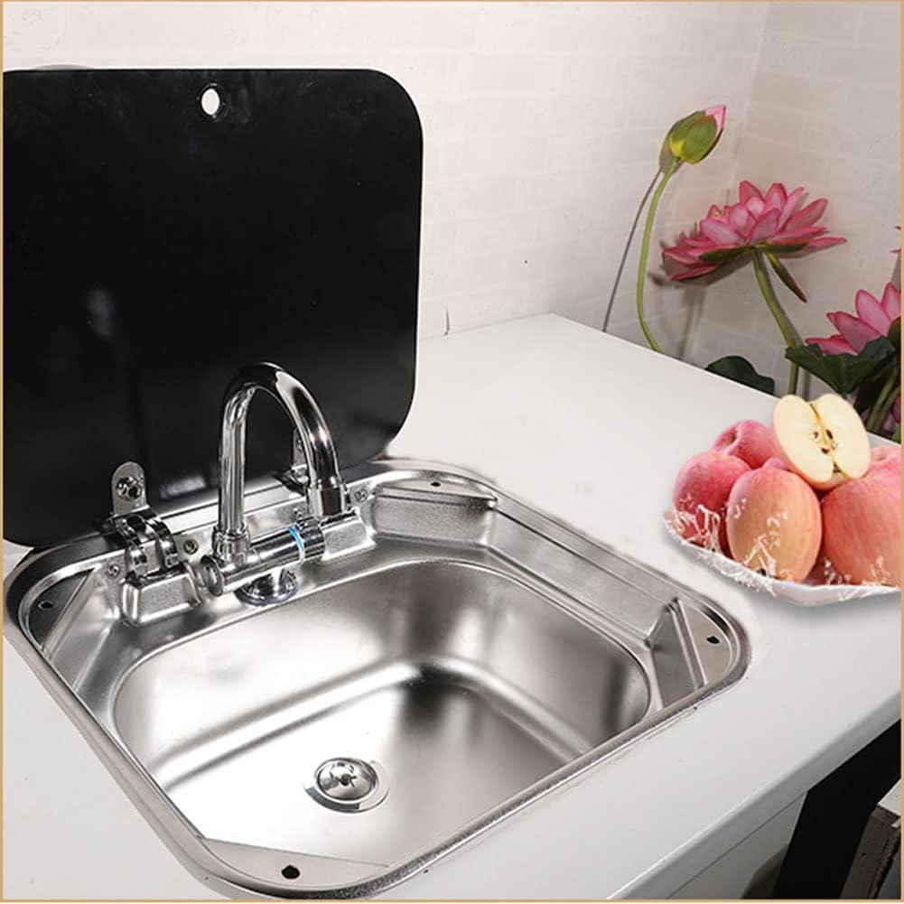 Stainless Steel RV Sink with Folded Faucet Tempered Glass Lid J4205