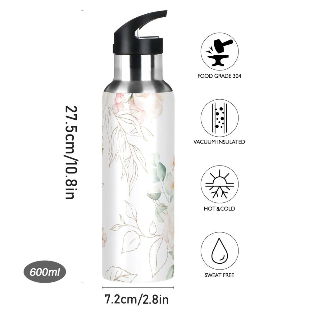 White Roses Stainless Steel Insulated Water Bottle with Straw Lid F6741