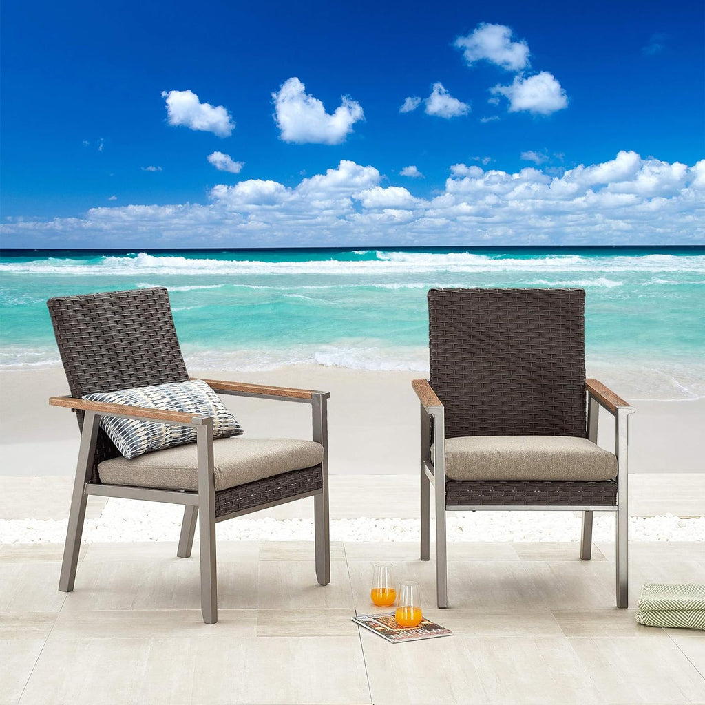 2Pcs Patio Armchair Set Metal Chair With Seat Cushions And Rattan Wicker Back Outdoor Furniture B462009