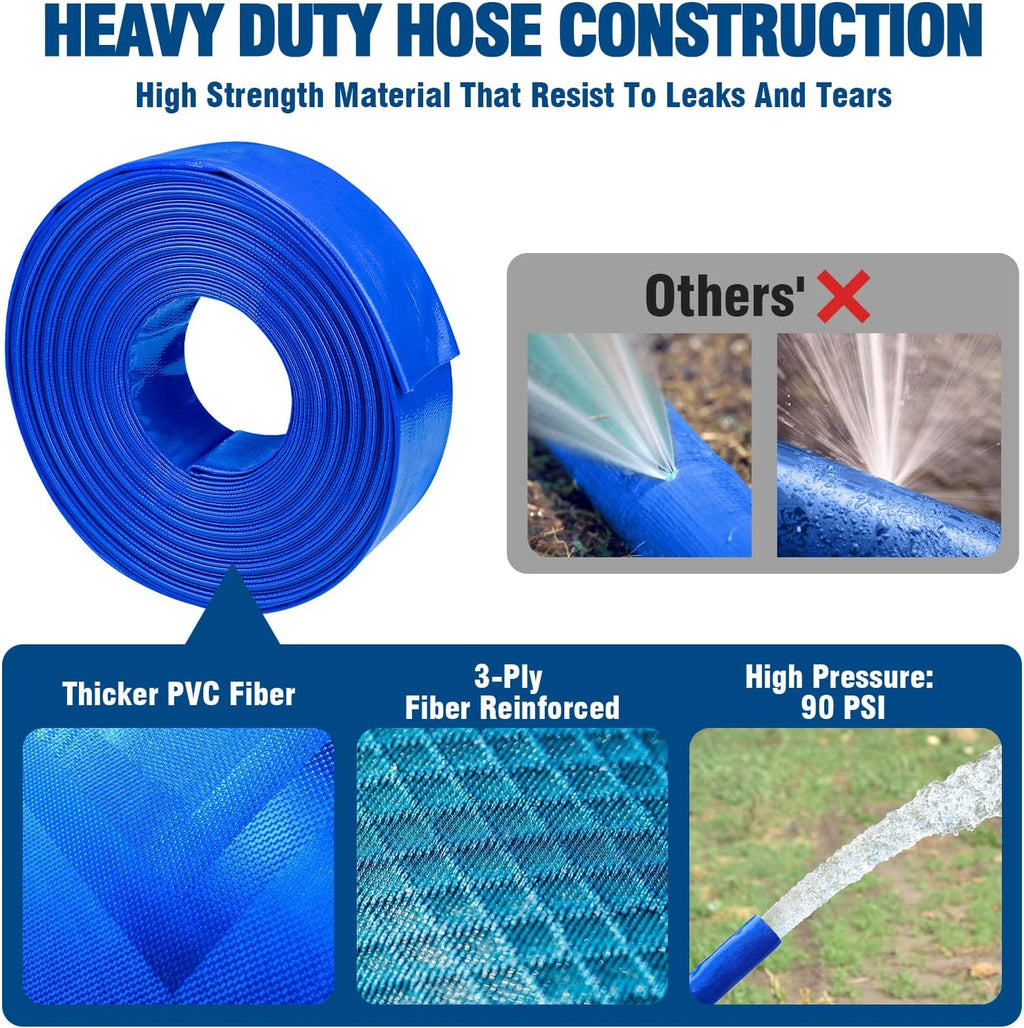 Heavy Duty Reinforced Lay Flat Discharge Hose, 1.5 Dia x 100 ft, Pack of 2 H903