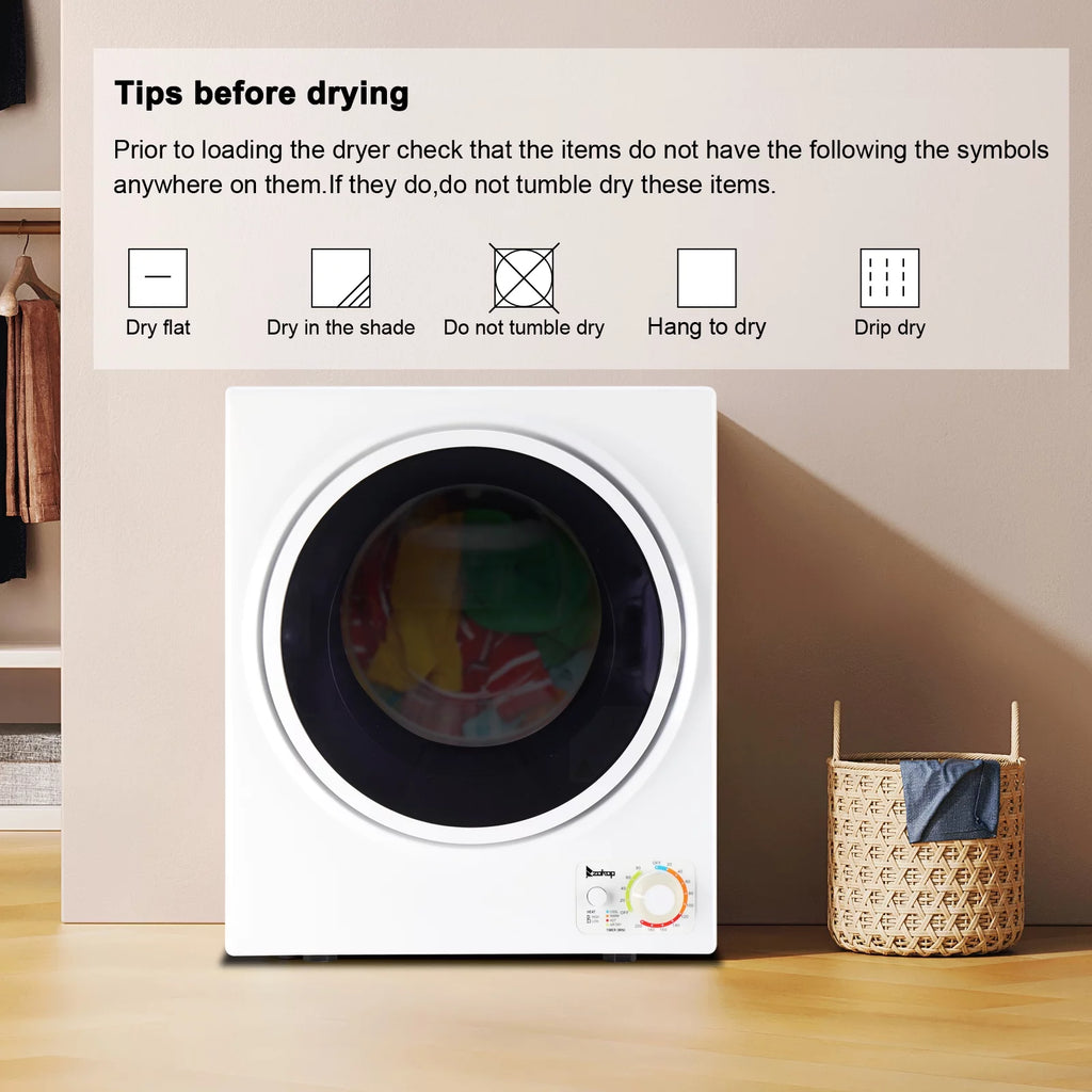 Portable 850W 1.6cu ft Front Load Electric Clothes Dryer with Stainless Steel Tub, White V36788
