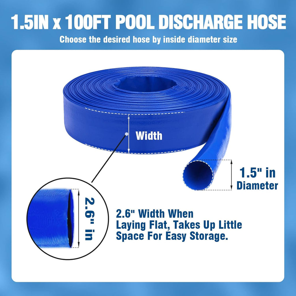 Heavy Duty Reinforced Lay Flat Discharge Hose, 1.5 Dia x 100 ft, Pack of 2 H903