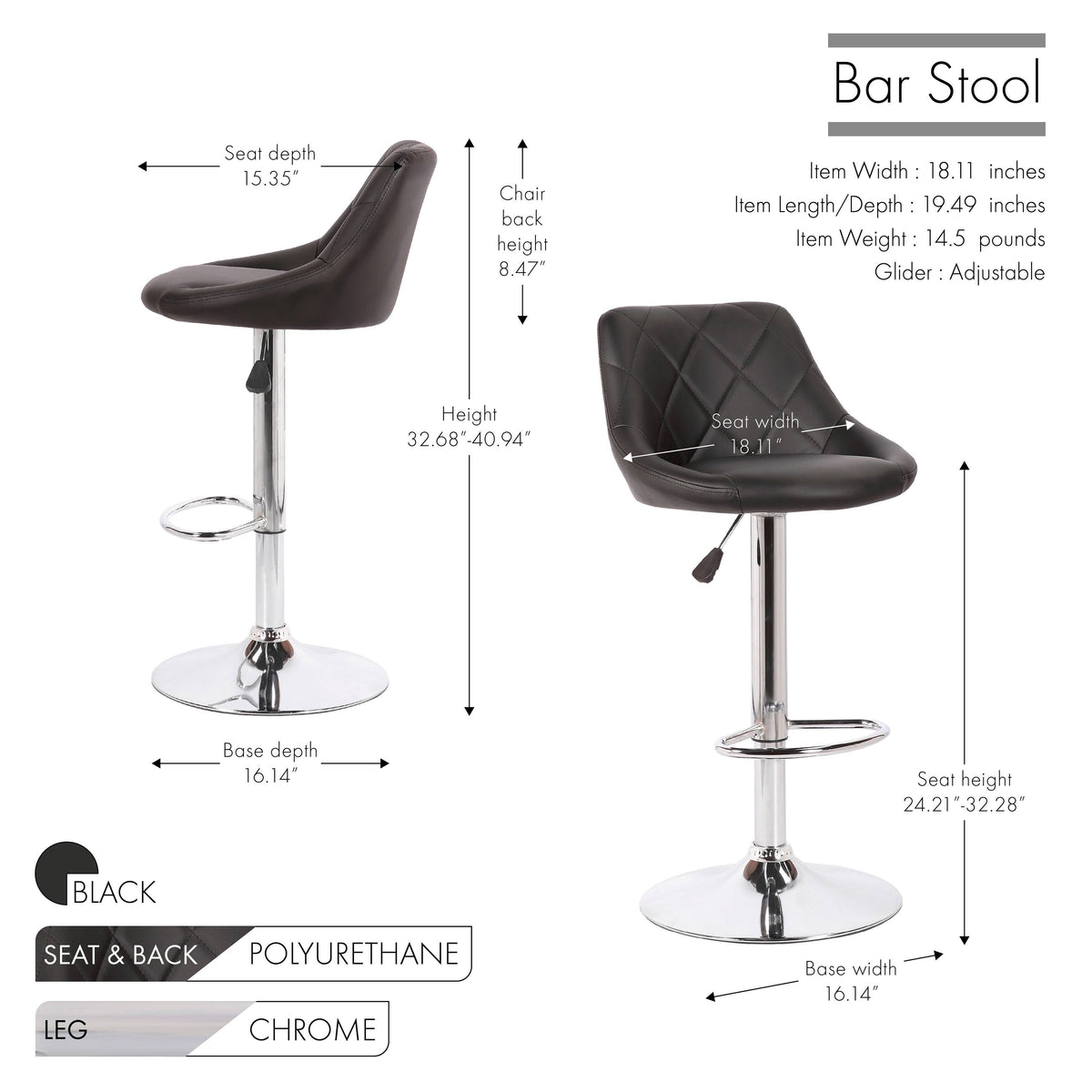 Black Tufted PU Leather Counter Stool Set of 2 O866234