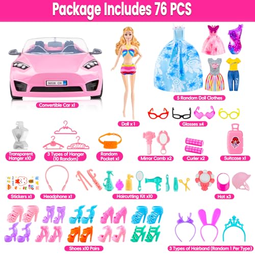 76 Pcs Doll & Convertible Car Playset with 11.5 In Doll Y995