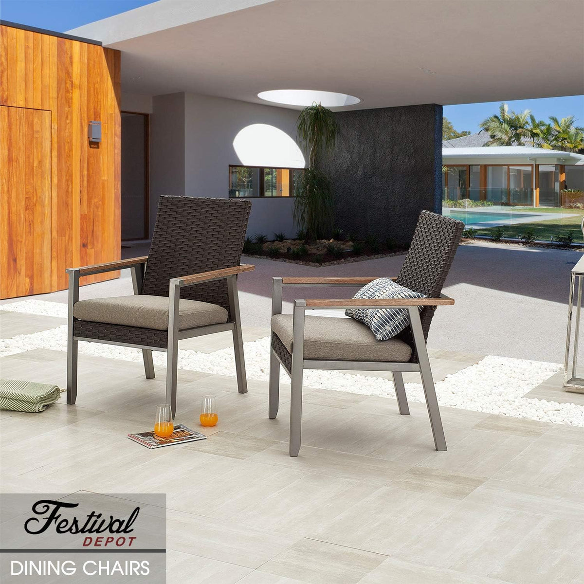 2Pcs Patio Armchair Set Metal Chair With Seat Cushions And Rattan Wicker Back Outdoor Furniture B462009