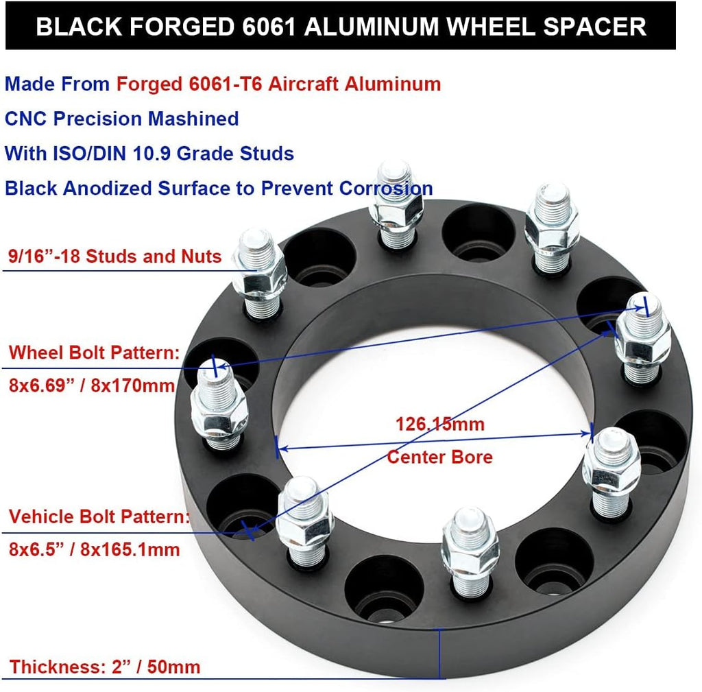 Black Forged 8x6.5 to 8x170 Wheel Adapters 2 Inch with 9/16" Studs Pack of 2 J5775