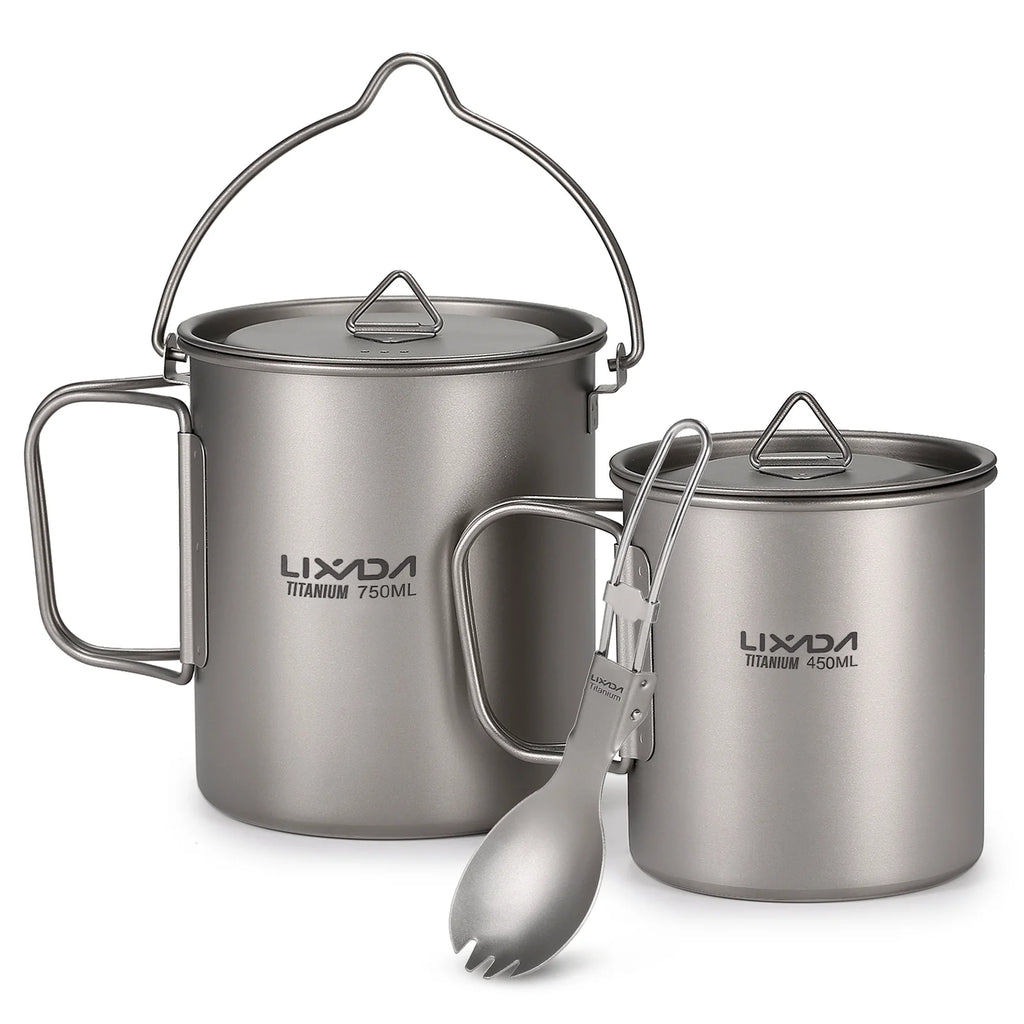 Titanium 3 Pieces Set 750ml Pot 450ml Cup with Lid Folding Spork T632276