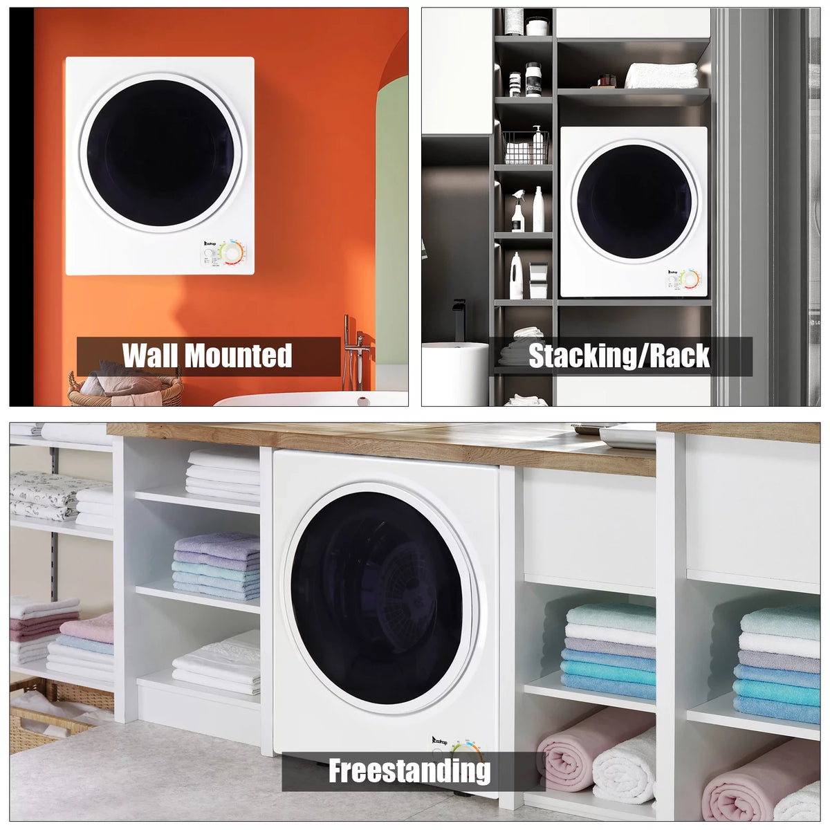Portable 850W 1.6cu ft Front Load Electric Clothes Dryer with Stainless Steel Tub, White V36788