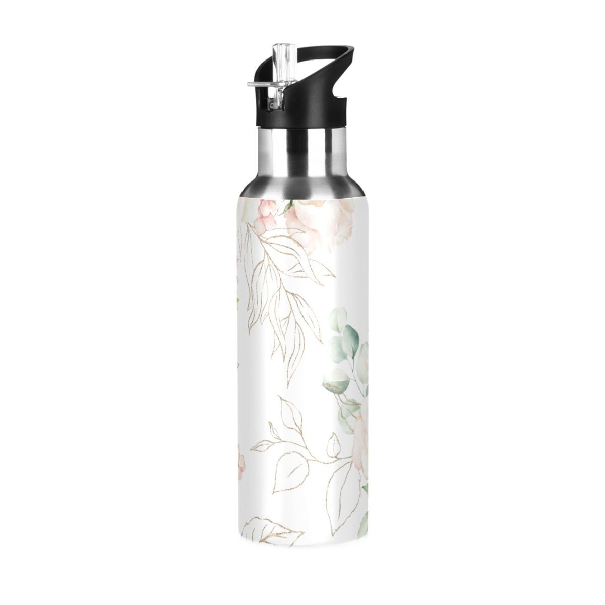 White Roses Stainless Steel Insulated Water Bottle with Straw Lid F6741