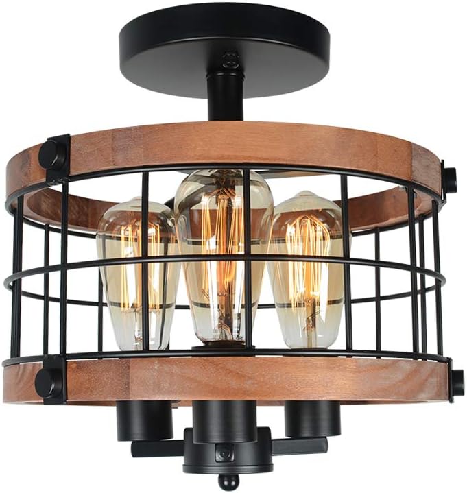Round Rustic Semi Flush Mount Cage Light, Black Metal and Wood Ceiling Light Fixture 3 Lights E26 X297608