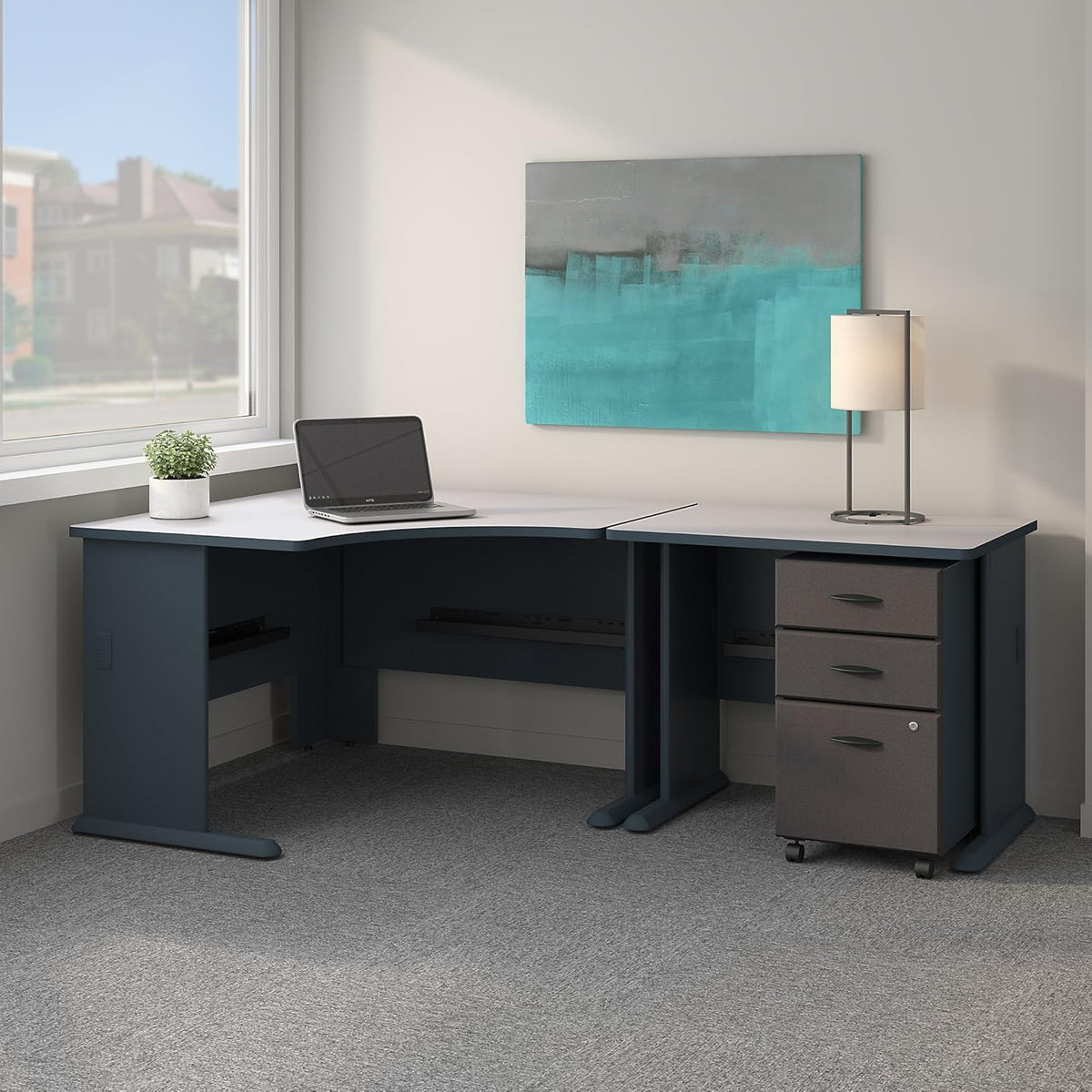 Corner Desk with Mobile File Cabinet in Pewter and White D54759