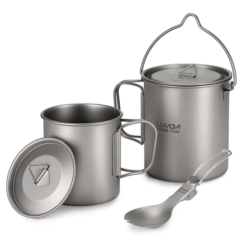 Titanium 3 Pieces Set 750ml Pot 450ml Cup with Lid Folding Spork T632276