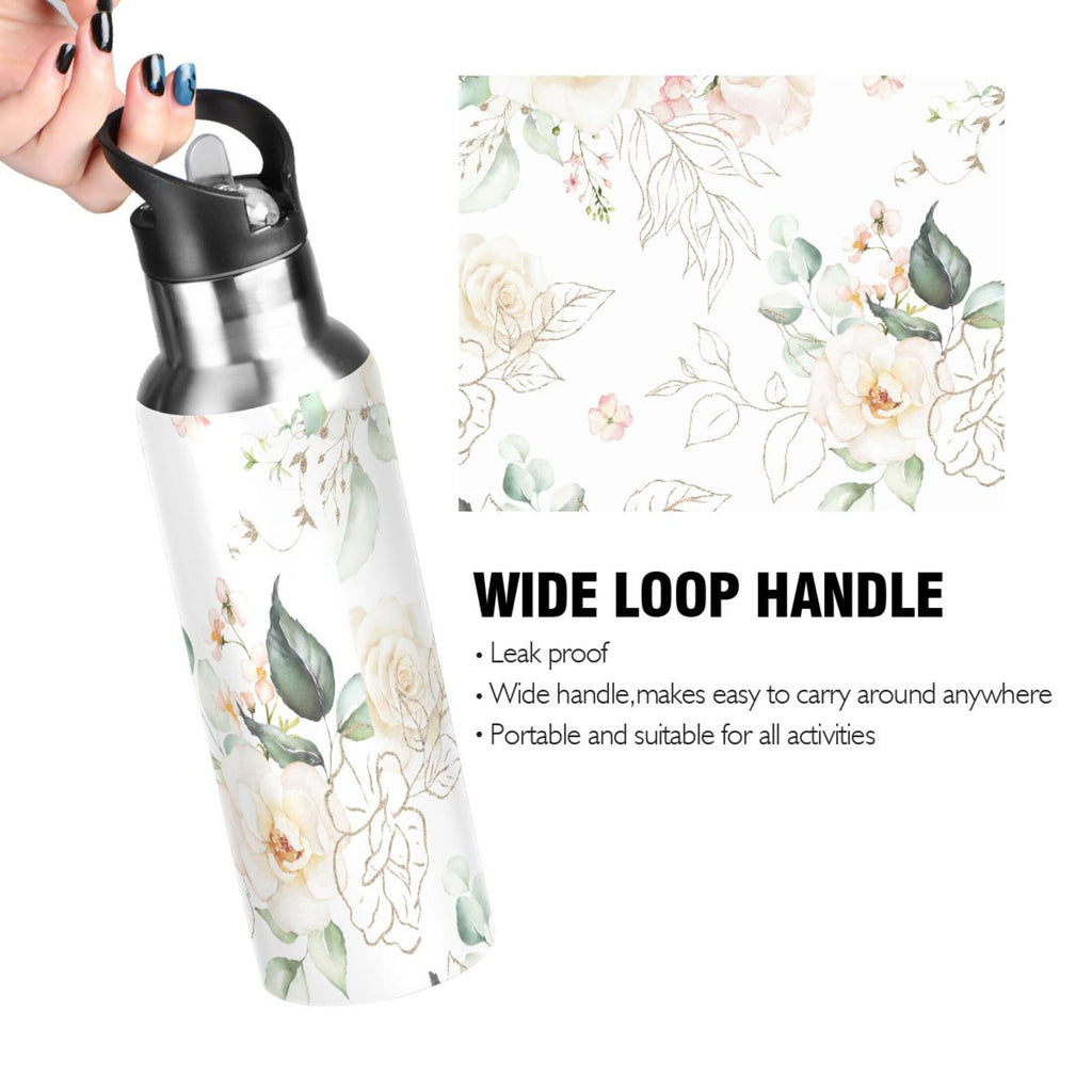 White Roses Stainless Steel Insulated Water Bottle with Straw Lid F6741