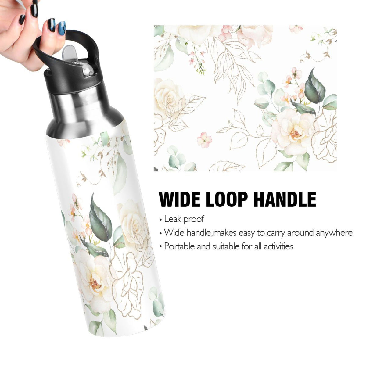 White Roses Stainless Steel Insulated Water Bottle with Straw Lid F6741