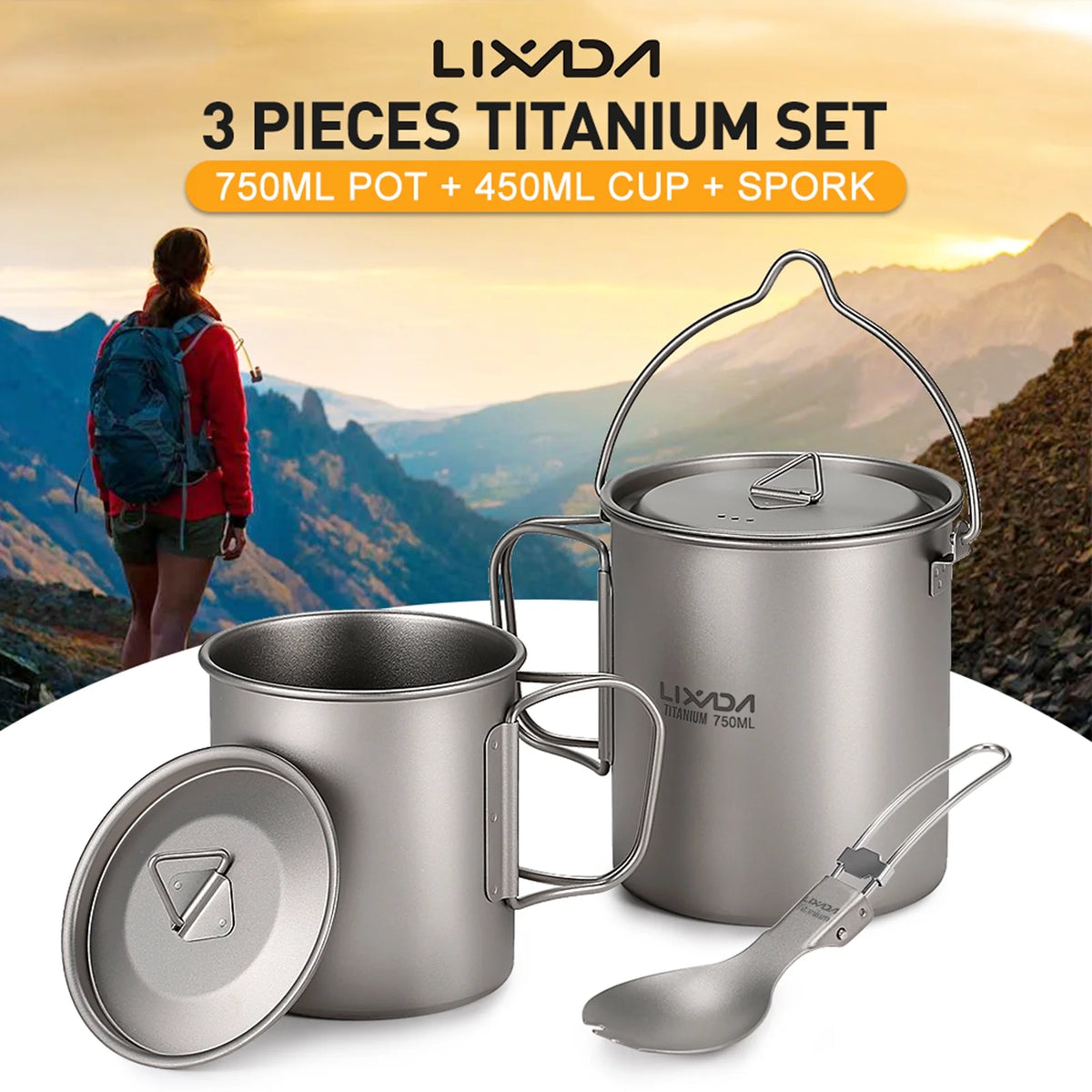 Titanium 3 Pieces Set 750ml Pot 450ml Cup with Lid Folding Spork T632276