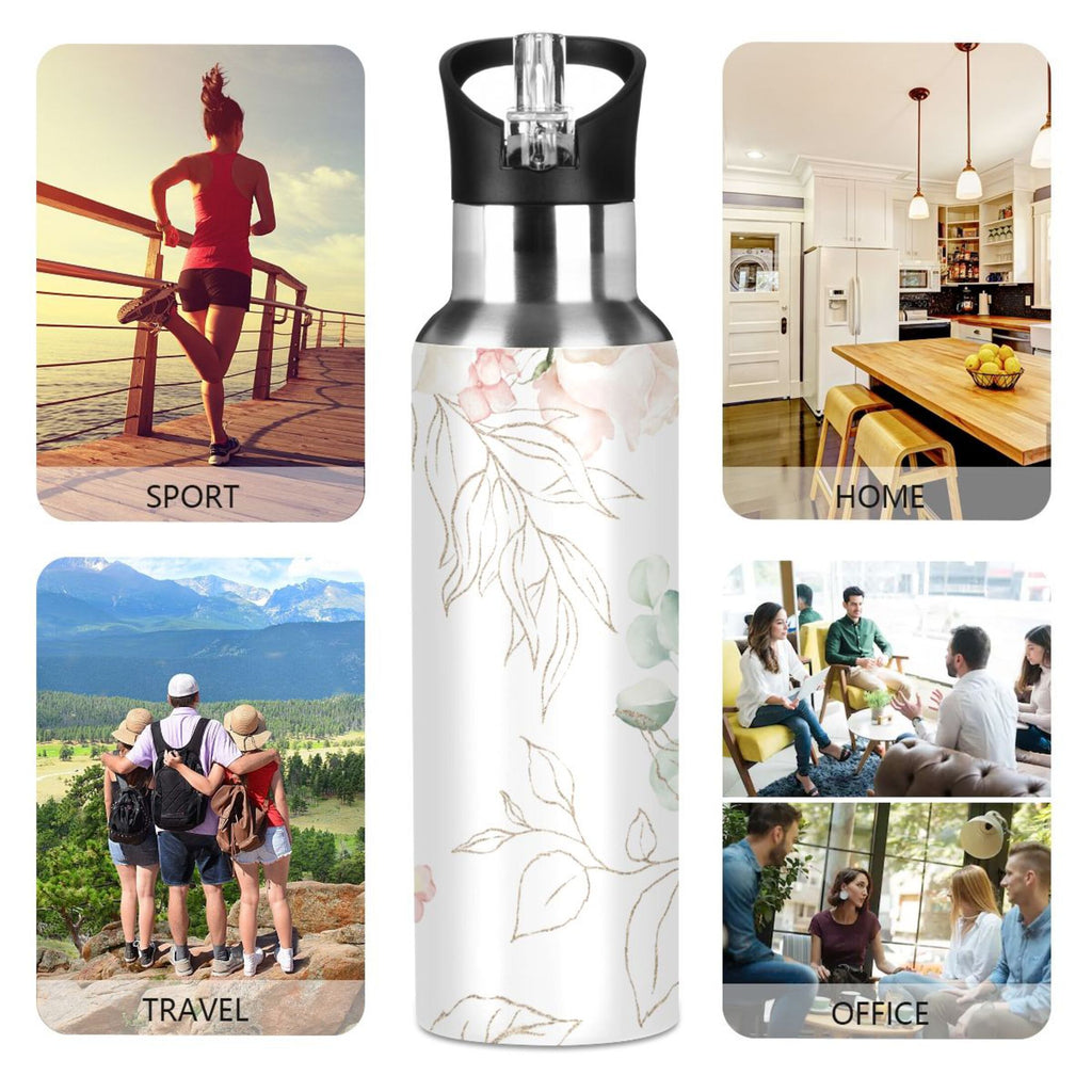 White Roses Stainless Steel Insulated Water Bottle with Straw Lid F6741