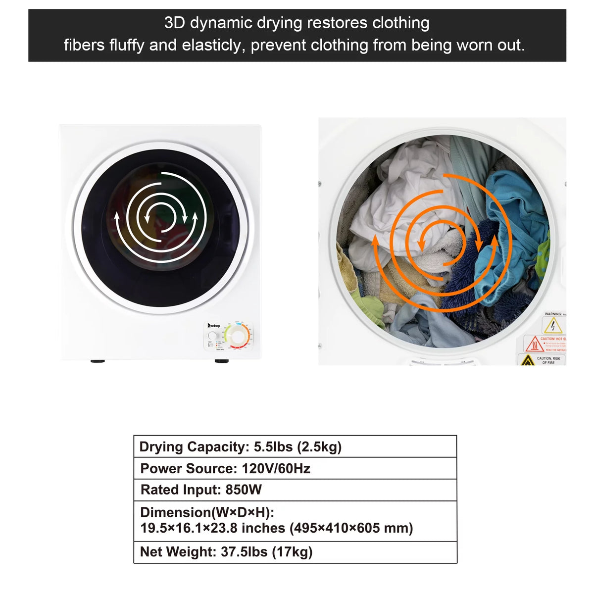Portable 850W 1.6cu ft Front Load Electric Clothes Dryer with Stainless Steel Tub, White V36788