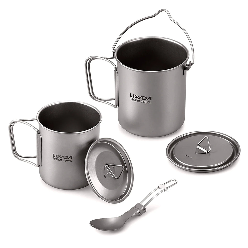 Titanium 3 Pieces Set 750ml Pot 450ml Cup with Lid Folding Spork T632276