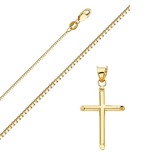 Solid 14K Gold Box Chain Cross Pendant Necklace N32373