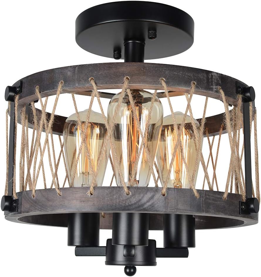 Round Rustic Semi Flush Mount Cage Light, Black Metal and Wood Ceiling Light Fixture 3 Lights E26 X297608