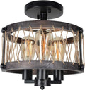 Round Rustic Semi Flush Mount Cage Light, Black Metal and Wood Ceiling Light Fixture 3 Lights E26 X297608