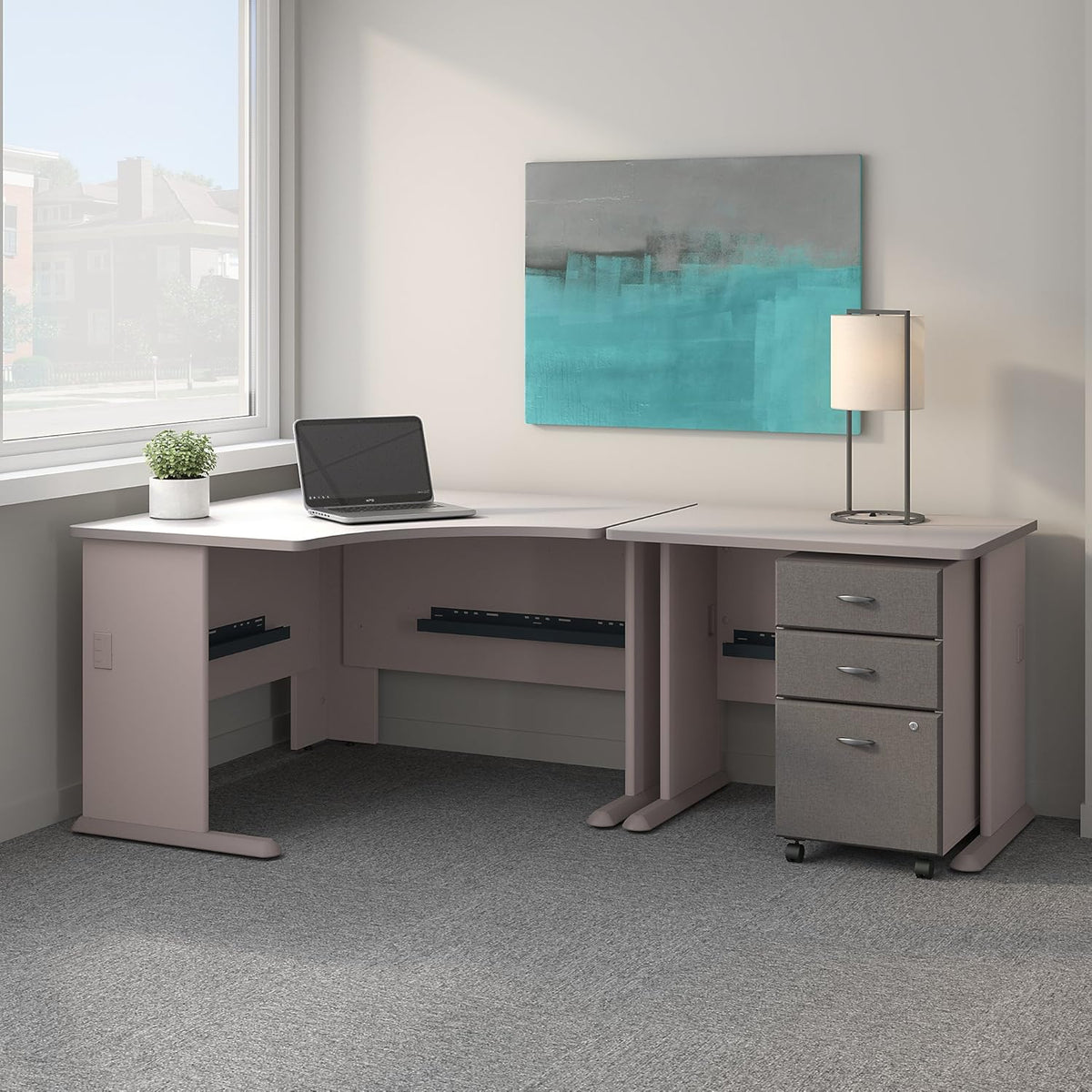 Corner Desk with Mobile File Cabinet in Pewter and White D54759