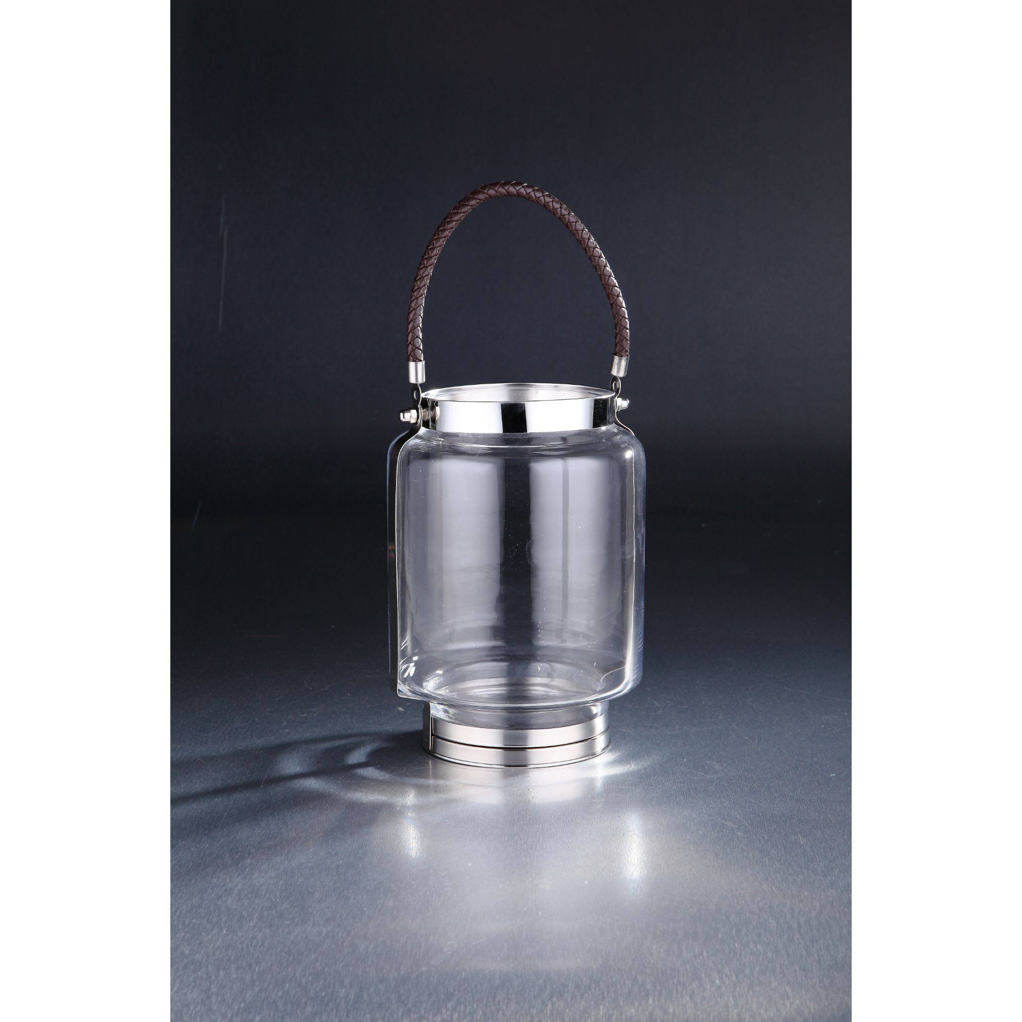 Clear and Silver Cylindrical Glass Hurricane Candle Holder with Rope Hanger A434