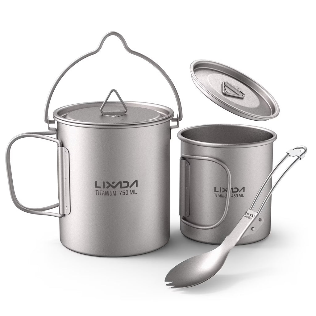 Titanium 3 Pieces Set 750ml Pot 450ml Cup with Lid Folding Spork T632276