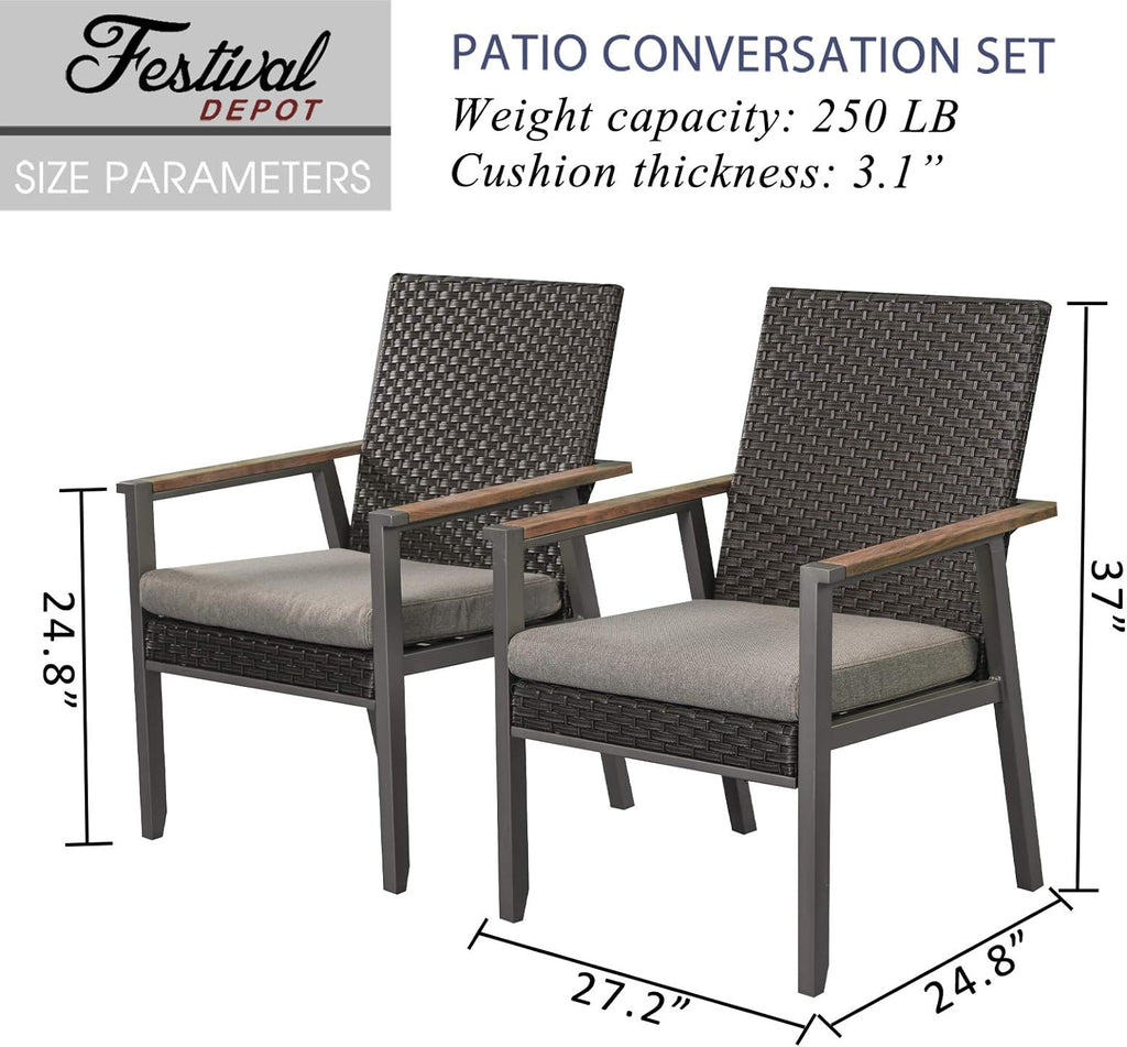 2Pcs Patio Armchair Set Metal Chair With Seat Cushions And Rattan Wicker Back Outdoor Furniture B462009