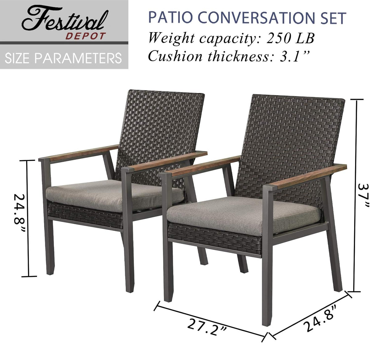 2Pcs Patio Armchair Set Metal Chair With Seat Cushions And Rattan Wicker Back Outdoor Furniture B462009