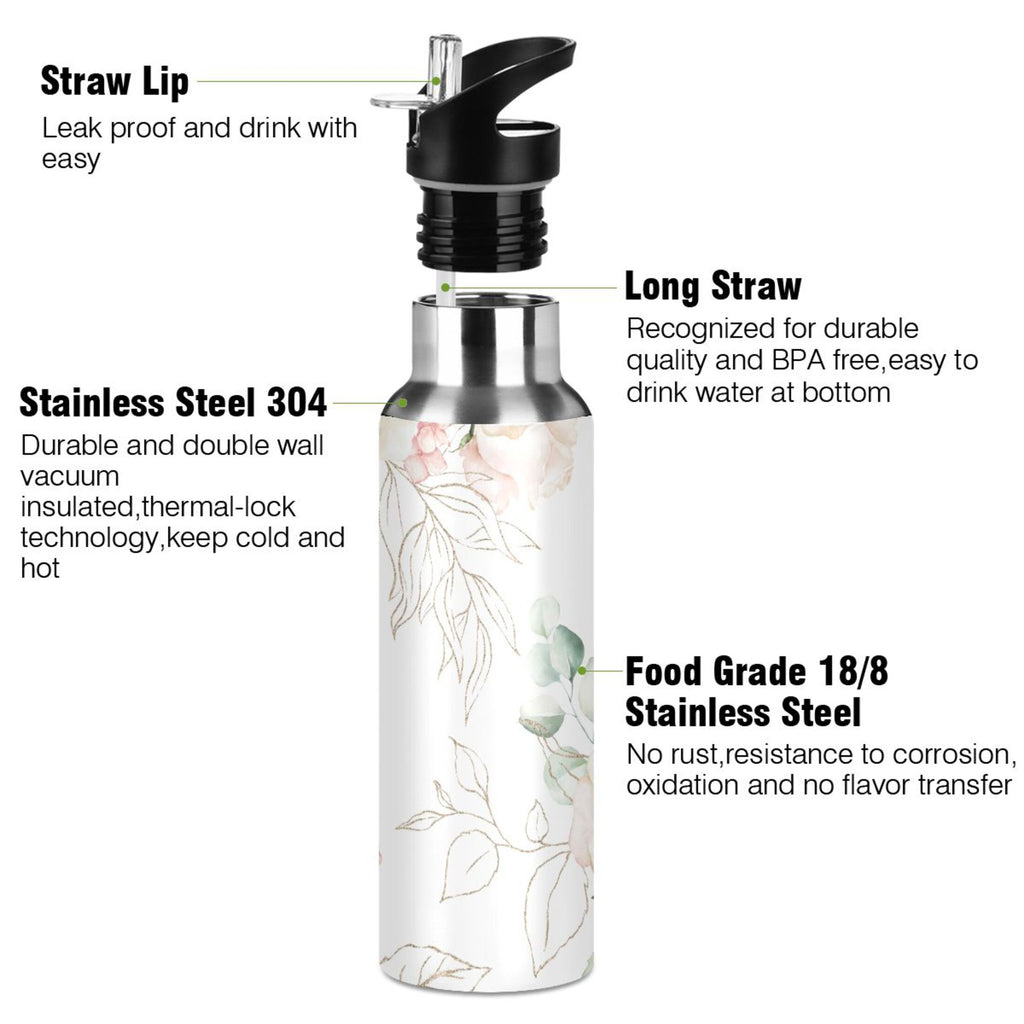 White Roses Stainless Steel Insulated Water Bottle with Straw Lid F6741