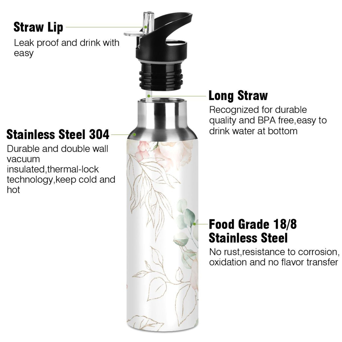 White Roses Stainless Steel Insulated Water Bottle with Straw Lid F6741