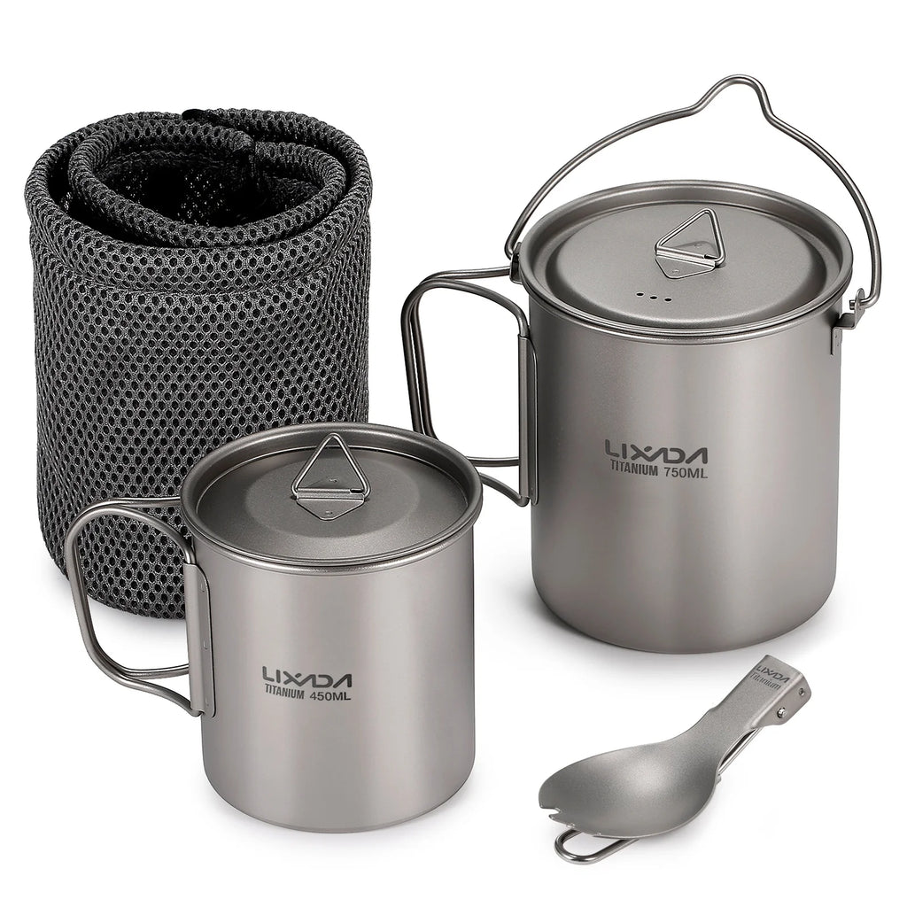Titanium 3 Pieces Set 750ml Pot 450ml Cup with Lid Folding Spork T632276